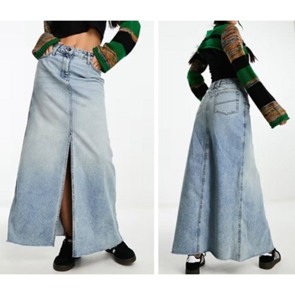 COLLUSION A-Line Maxi Denim Skirt Split Front Vintage‎ Blue Wash Women's US 6